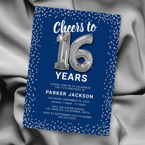 Modern 16th Birthday Blue Silver Invitation