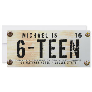 MODERN 16th Birthday BOY Car LICENSE Plate Rusty Invitation