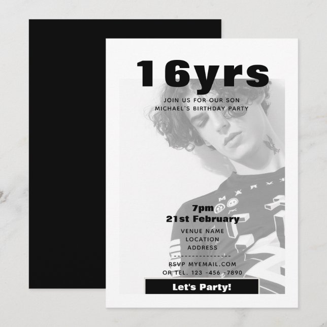 Modern 16th Birthday PHOTO Invite Black White (Front/Back)