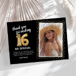 Modern 16th Birthday Photo Thank You Card<br><div class="desc">Elegant 16th birthday party thank you cards featuring a stylish black background that can be changed to any color,  a photo of the birthday girl / boy,  gold sparkly glitter,  sixteen gold hellium balloons,  and a modern thank you template that is easy to personalize.</div>