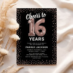 Modern 16th Birthday Rose Gold Invitation<br><div class="desc">Elegant 16th birthday party invitation featuring a stylish black background that can be changed to any color,  rose gold sparkly glitter,  sixteen rose gold hellium balloons,  and a modern 16th birthday celebration text template that is easy to personalize.</div>