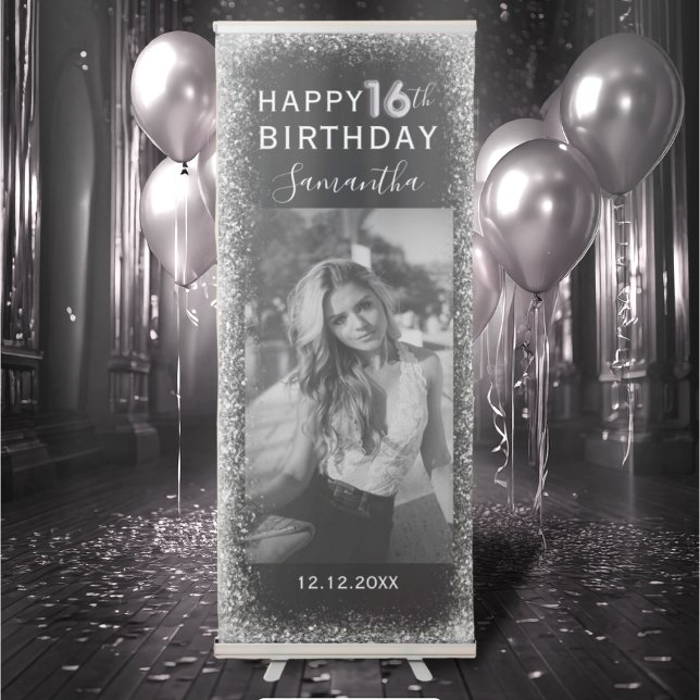 Modern 16th Birthday Silver & Black Glitter  Retractable Banner (Creator Uploaded)