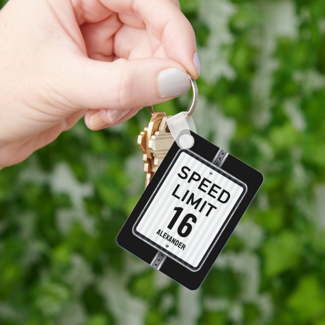 Modern 16th Birthday Speed Limit Sign Keychain (Hand)