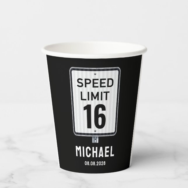 Modern 16th Birthday Speed Limit Sign Paper Cups (Back)