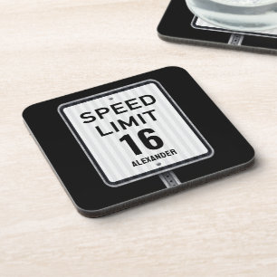 Modern 16th Birthday Speed Sign Beverage Coaster