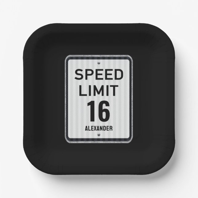 Modern 16th Birthday Speed Sign Paper Plates (Front)