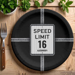 Modern 16th Birthday Speed Sign Paper Plates<br><div class="desc">Modern, bold birthday party theme featuring a black-and-white speed-limit road sign design. Perfect for a 16th birthday or any milestone age. Fully customizable with your event details and age. A stylish, contemporary choice for teen celebrations with a cool, grown-up feel. Please check the matching collection for COORDINATING ITEMS. Original artworks...</div>
