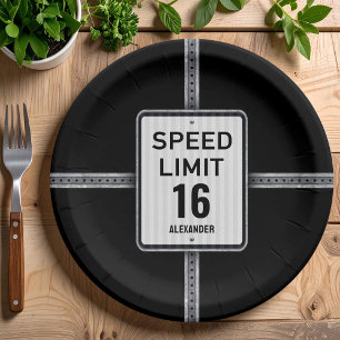 Modern 16th Birthday Speed Sign Paper Plates