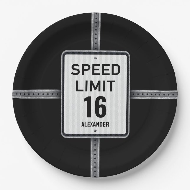 Modern 16th Birthday Speed Sign Paper Plates (Front)