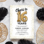 Modern 16th Birthday White Gold Invitation<br><div class="desc">Elegant 16th birthday party invitation featuring a simple white background that can be changed to any color,  gold sparkly glitter,  sixteen gold hellium balloons,  and a modern 16th birthday celebration text template that is easy to personalize.</div>