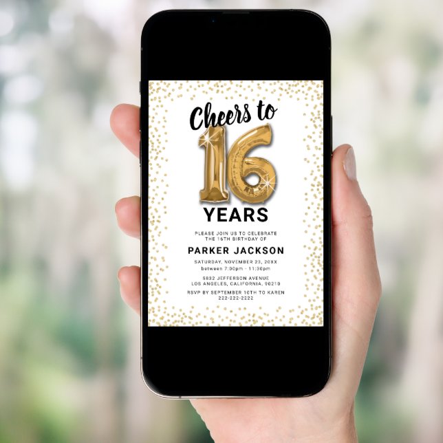 Modern 16th Birthday White Gold Invitation (Front Digital)