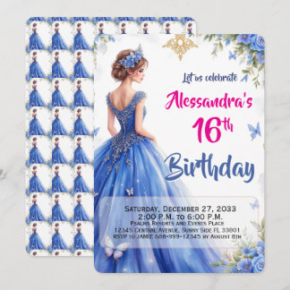 Modern 16th Blue Gown Floral Elegant Birthday Invitation
