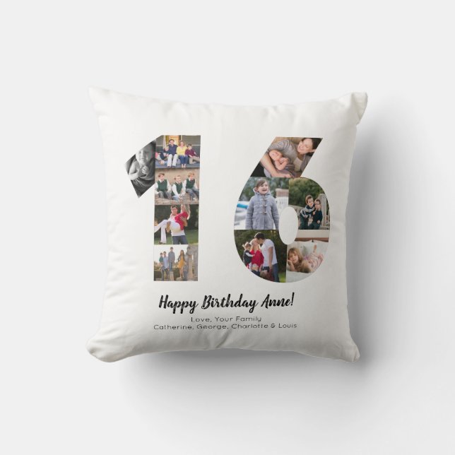 Modern 16th Number Photo Collage Custom Greeting Throw Pillow (Front)