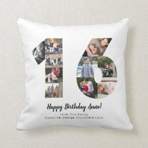 Modern 16th Number Photo Collage Custom Greeting Throw Pillow