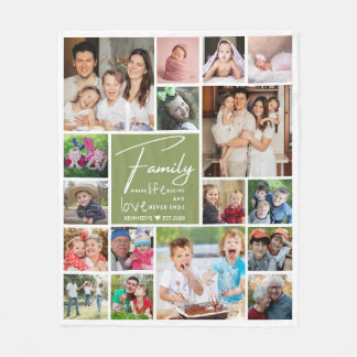 Modern 17 Photo Collage Family Name Green Quote Fleece Blanket