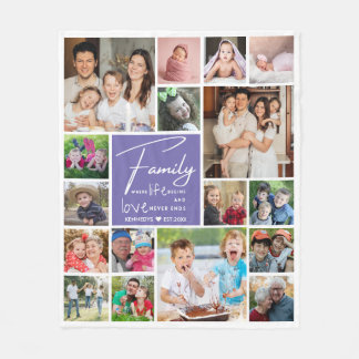 Modern 17 Photo Collage Family Name Purple Quote Fleece Blanket