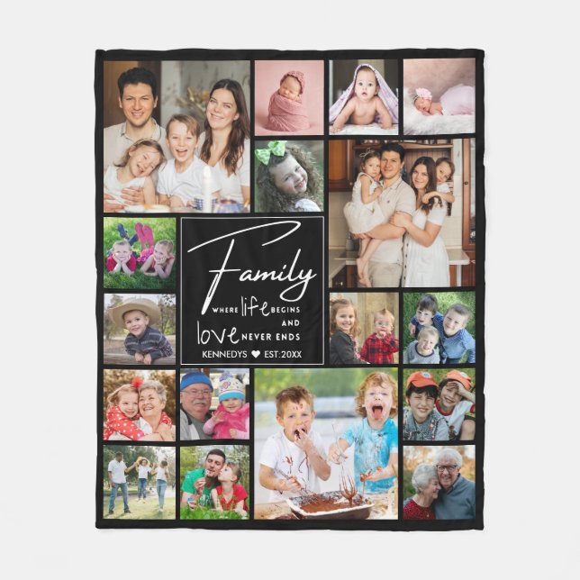 Modern 17 Photo Collage Family Name Quote  Black Fleece Blanket (Front)