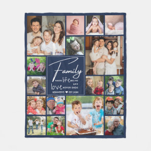 Modern 17 Photo Collage Family Name Quote Blue Fleece Blanket