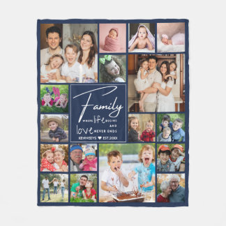 Modern 17 Photo Collage Family Name Quote Blue Fleece Blanket
