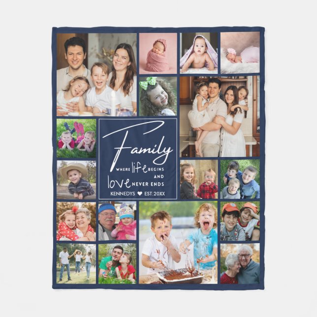 Modern 17 Photo Collage Family Name Quote Blue Fleece Blanket (Front)