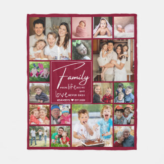 Modern 17 Photo Collage Family Name Quote Burgundy Fleece Blanket