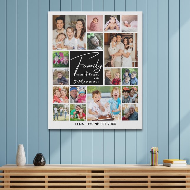 Modern 17 Photo Collage Family Name Quote   Faux Canvas Print (Creator Uploaded)