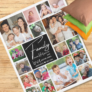 Modern 17 Photo Collage Family Name Quote   Fleece Blanket