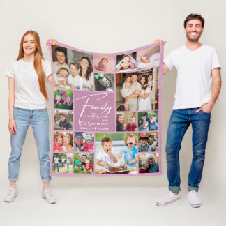 Modern 17 Photo Collage Family Name Quote Lavender Fleece Blanket