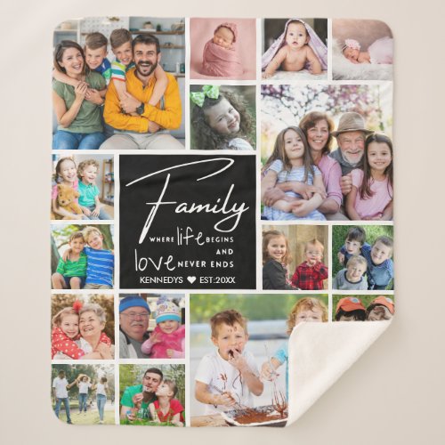 Modern 17 Photo Collage Family Name Quote  