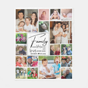 Modern 17 Photo Collage Family Name Quote White Fleece Blanket