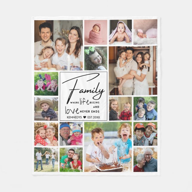 Modern 17 Photo Collage Family Name Quote  White Fleece Blanket (Front)