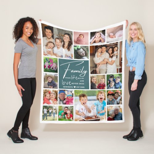 Modern 17 Photo Collage Family Quote Name Fleece Blanket