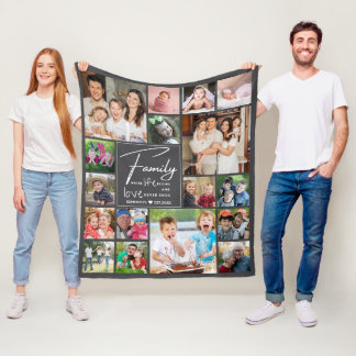 Modern 17 Photo Collage Family Quote Name Gray Fleece Blanket