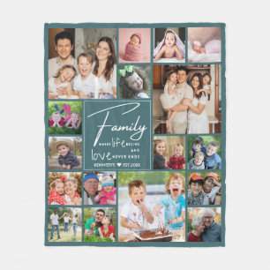 Modern 17 Photo Collage Family Quote Name Green Fleece Blanket