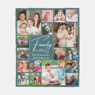 Modern 17 Photo Collage Family Quote Name Green Fleece Blanket