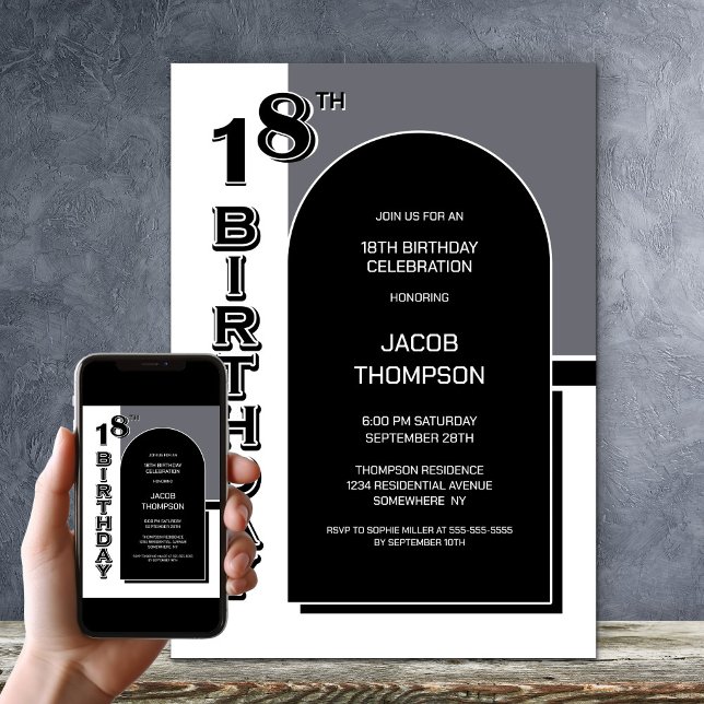 Modern 18th Birthday Black Arch Party Invitation (Creator Uploaded)