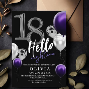 Modern 18th Birthday Black Silver Purple Balloons Invitation