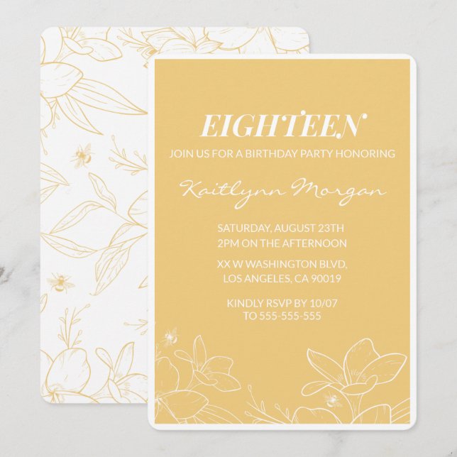 Modern 18th birthday invitations Floral Yellow (Front/Back)