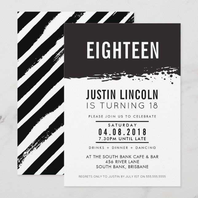 MODERN 18th birthday party INVITE paint splatter (Front/Back)