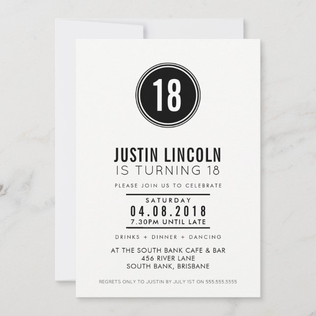 MODERN 18TH birthday party INVITE plain spot black (Front)