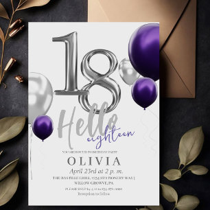 Modern 18th Birthday Party Silver Purple Balloons Invitation