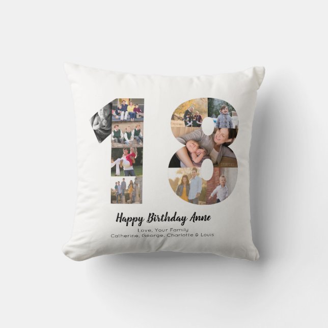 Modern 18th Number Photo Collage Custom Greeting Throw Pillow (Front)