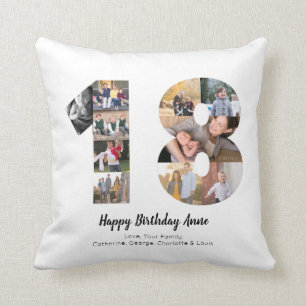Modern 18th Number Photo Collage Custom Greeting Throw Pillow