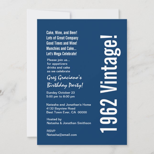 Modern 1962 Vintage Birthday Blue White Red Invitation (Front)