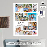 Modern 19 Photo Collage Custom Colors Personalized Poster<br><div class="desc">Create a modern, unique, photo collage poster, print or wall art utilizing this easy-to-upload photo collage template featuring 19 square and rectangle pictures to accommodate a variety of types of photos and personalized with your custom text. The editable text is shown in a suggested and changable hand lettered brush calligraphy...</div>