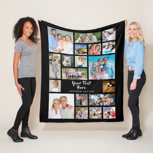 Modern 19 Photo Collage Personalized Black Fleece Blanket - Easily create a modern photo collage keepsake blanket for with 19 photos and personalized with your own text. An editable title in handwritten brush script text and subtitle is ideal for anyone or any special occasion.  PHOTO TIP:  For fastest/best results, choose a photo with the subject in the middle and/or pre-crop it to a similar shape as shown BEFORE uploading. NOTE that pixelation/blurry warnings may occur and you'll need to enlarge your original photo before uploading. Zazzle LIVE, online services or the designer may help you. CHANGES:  Change the black background color and/or change the text font style, size, color or placement by clicking on CUSTOMIZE FURTHER. Contact the designer via Zazzle Chat or makeitaboutyoustore@gmail.com if you'd like this design modified or on another product.