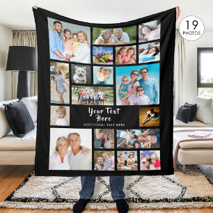 Modern 19 Photo Collage Personalized Black Fleece Blanket