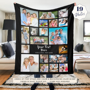 Modern 19 Photo Collage Personalized Black Fleece Blanket