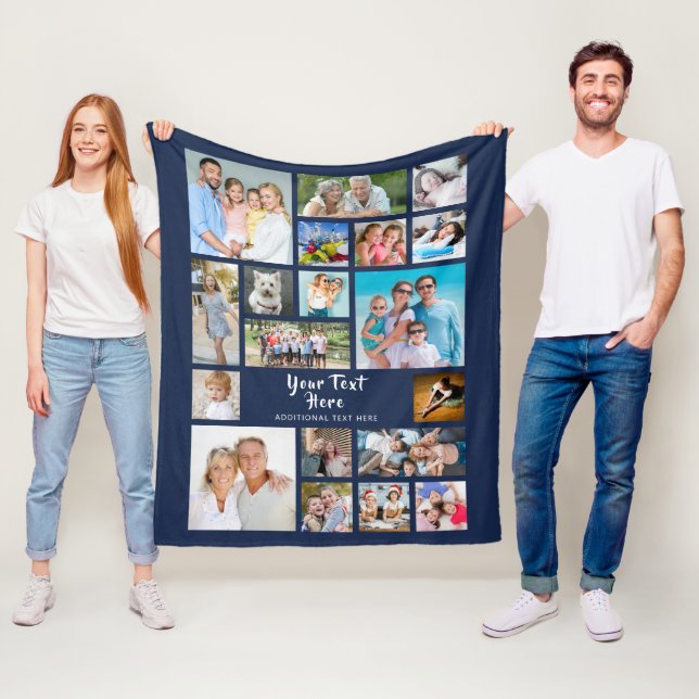 Modern 19 Photo Collage Personalized Navy Blue Fleece Blanket (In Situ)
