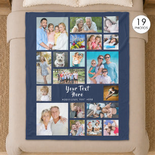 Modern 19 Photo Collage Personalized Navy Blue Fleece Blanket